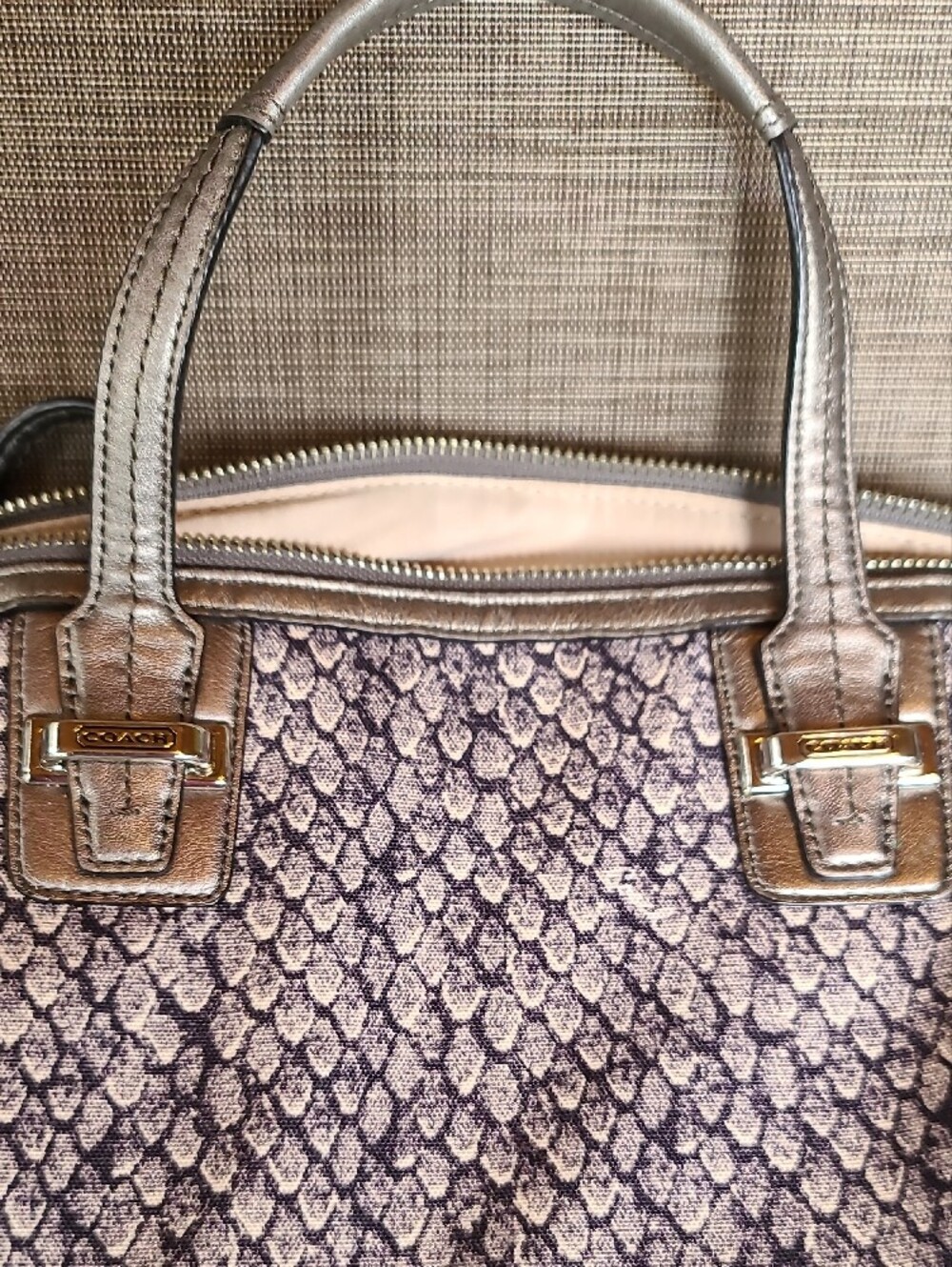 Coach Metallic Snake-Print Satchel in Silver and Taupe - Picture 2 of 10